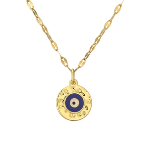 Golden Evil Eye pendant necklace with blue enamel and flat link chain on white background