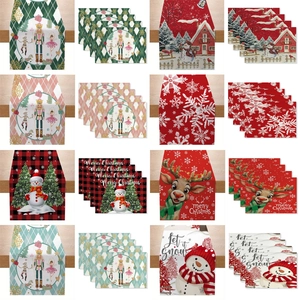 Christmas Table Runner Placemats Waterproof Cotton Linen Heat Resistant Holiday Dining Decor Nutcracker Snowman Theme