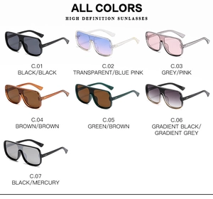 Matrix display of fashion oversized sunglasses in seven diverse frame and lens colors