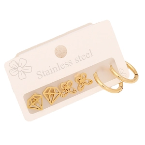 Three-piece stainless steel earring set with gold butterfly, diamond studs and hoops