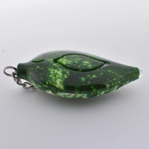 Close-up of leaf-shaped green camouflage personal alarm with a durable metal keychain
