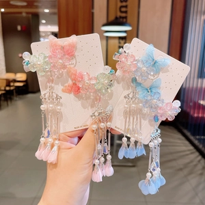 Detail of handmade butterfly hair clips with long pearl tassels for Hanfu accessories