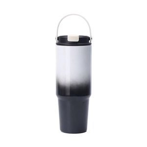 30oz stainless steel travel tumbler with black and white gradient and carry handle