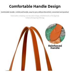 Gros plan sur les coutures du manche orange d'un sac cabas multicolore en similicuir