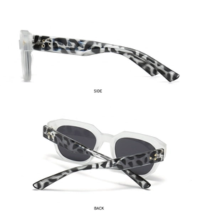 Detail of matte translucent sunglasses with leopard temples and star rivets side back views