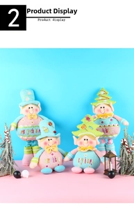 Detail of cute telescopic Christmas plush dolls with knitted hats and holiday embroidery