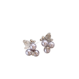 Elegant silver leaf stud earrings with purple pearls and sparkling crystal stones