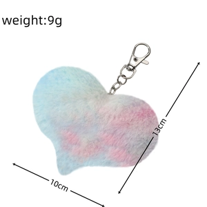 Detail view of 10cm colorful plush heart keychain with 9g weight and metal clasp