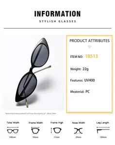 Detailed size chart for UV400 cat eye sunglasses showing PC frame dimensions and 22g weight