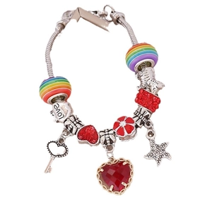 Silver snake chain bracelet with heart pendant, rainbow glass beads and star charms