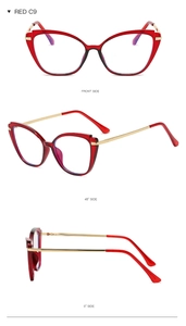 Three views of red cat-eye glasses with gold metal temples and C9 model label