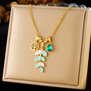 Collier En Acier Inoxydable Plaqué Or Avec Pendentifs Arbre De Vie Feuille Émaillée Colorée Et Goutte Verte Pour Femmes