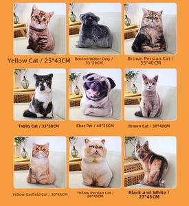 Collage of realistic 3D animal plush pillows showing various cat and dog breeds in a home setting