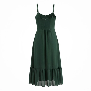 Deep green long camisole dress with smocking back design and ruffled hem detail
