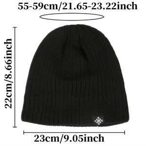 Detailed size guide of black fleece-lined beanie with snowflake tag for 55-59cm head size