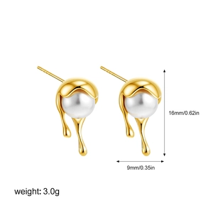 Detailed view of 18K gold molten pearl earrings showing dimensions 16mm height and 9mm width
