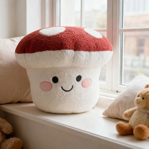 Cute red mushroom plush pillow with white dots and smiling face on a cozy windowsill