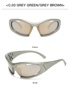 Detail view of grey green Y2K sports sunglasses with grey brown lenses from two angles