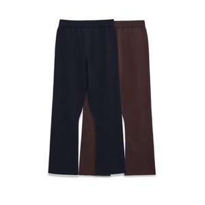 High-waist ribbed knit flare pants set in navy blue and dark brown colors
