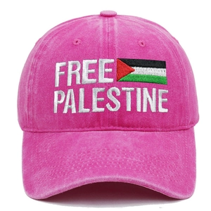 Detail of Free Palestine embroidery on rose pink washed cotton vintage baseball cap