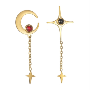 Vintage stainless steel moon and star tassel earrings in gold with red and black gems