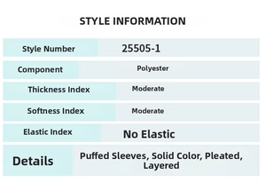 Size chart and fabric details for summer tiered A-line dress with puff sleeves