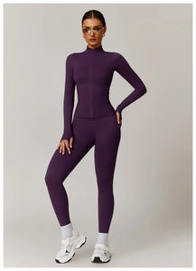 Details zum dunkelvioletten Yoga-Set mit Daumenlöchern und Stehkragen-Reißverschluss
