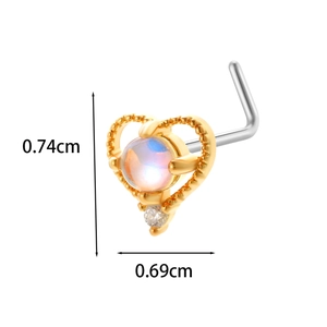 L-shaped gold heart nose stud with opal stone and clear crystal, size 0.74cm by 0.69cm