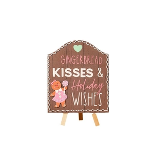 Gingerbread Kisses & Holiday Wishes wooden sign desk ornament for Christmas decor
