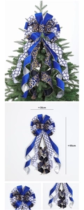 Detailed view of large blue and silver Christmas tree topper bow with size dimensions