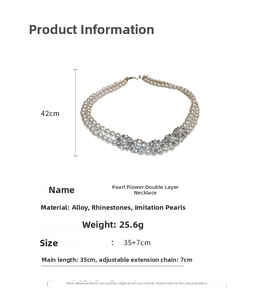 Detailed size specifications for a double-layer pearl choker with rhinestone floral charms