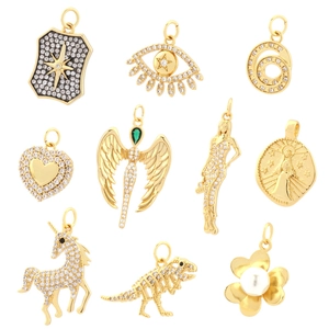 Assorted 18K gold plated charms with zircon stones including heart, eye and dinosaur shapes