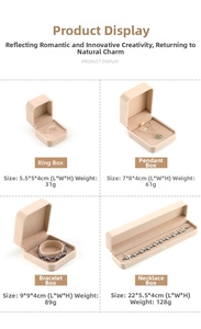 Beige velvet jewelry box set with octagonal rings, pendants, and bracelet display cases