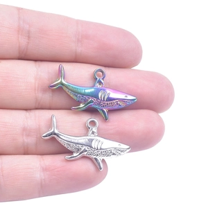 Polished silver and iridescent rainbow shark charms for DIY jewelry making
