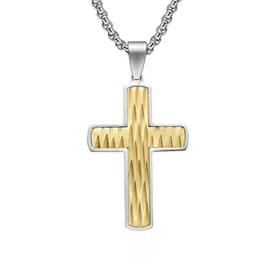 Men Cross Pendant Necklace Stainless Steel Dual Color Textured Diamond Grid Punk Hip Hop Gothic Jewelry Gift