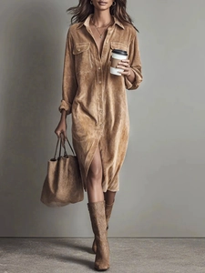 Women Corduroy Long Sleeve Shirt Dress Solid Color Single Breasted Loose Casual Maxi Dress Lapel Pocket Retro Streetwear
