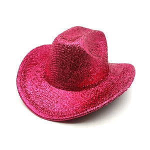 Macro detail of sparkly hot pink cowboy hat with metallic sequin texture for parties