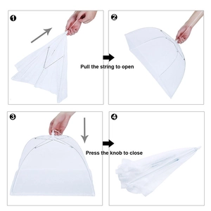Guide showing how to pull string and press knob to fold the mesh food cover