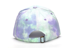 Rear view of tie-dye baseball cap with glitter finish and adjustable metal buckle