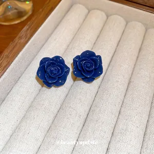 Boucles d'oreilles roses bleu foncé élégantes avec texture sur présentoir en velours
