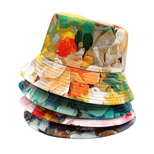 Reversible Bucket Hat Floral Print Oil Painting Style Sun Protection Polyester Outdoor Travel Summer Vintage Women Men