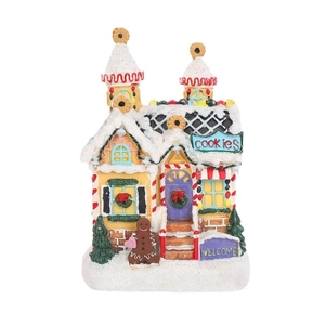 LED gingerbread house Christmas ornament with candy decorations and cookies welcome sign