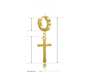Macro view of gold stainless steel huggie hoop earrings with flat cross charms and dimensions