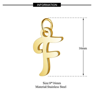 Detail showing dimensions and material of a gold-plated letter F stainless steel pendant