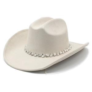 Creamy white suede western cowboy hat with sparkling rhinestone trim on wide brim