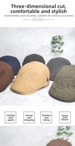 Detail of quilted beret hats with BUSTLING embossed letters in various vintage colors