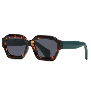 Retro geometric sunglasses with dark tortoiseshell frames and deep green temples