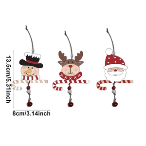 Three-piece Christmas wooden ornaments set with Santa, Snowman, Reindeer, and bells