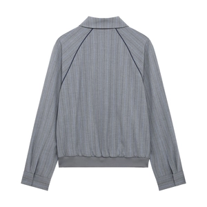Grey striped varsity bomber jacket with raglan sleeves and ribbed hem back view