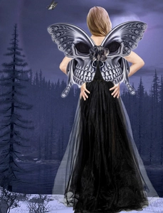 Detailed view of black gothic butterfly wings with skull patterns for Halloween cosplay